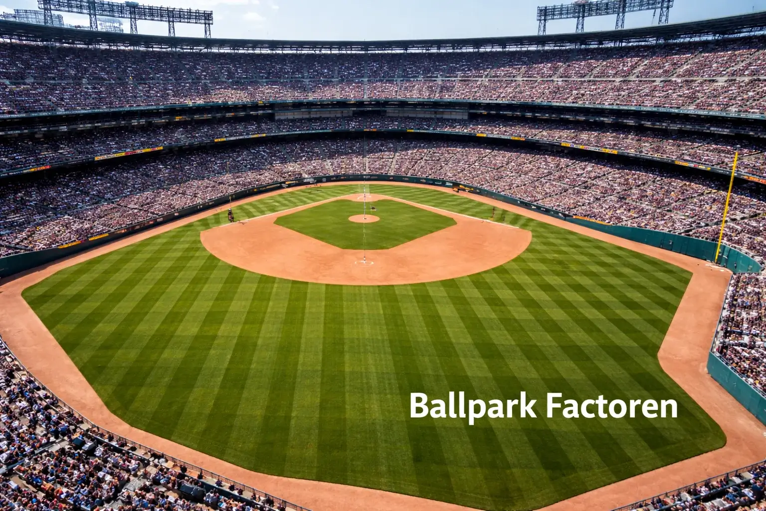 Luchtfoto van een groot MLB-stadion op een zonnige middag, het veld en de tribunes volledig zichtbaar