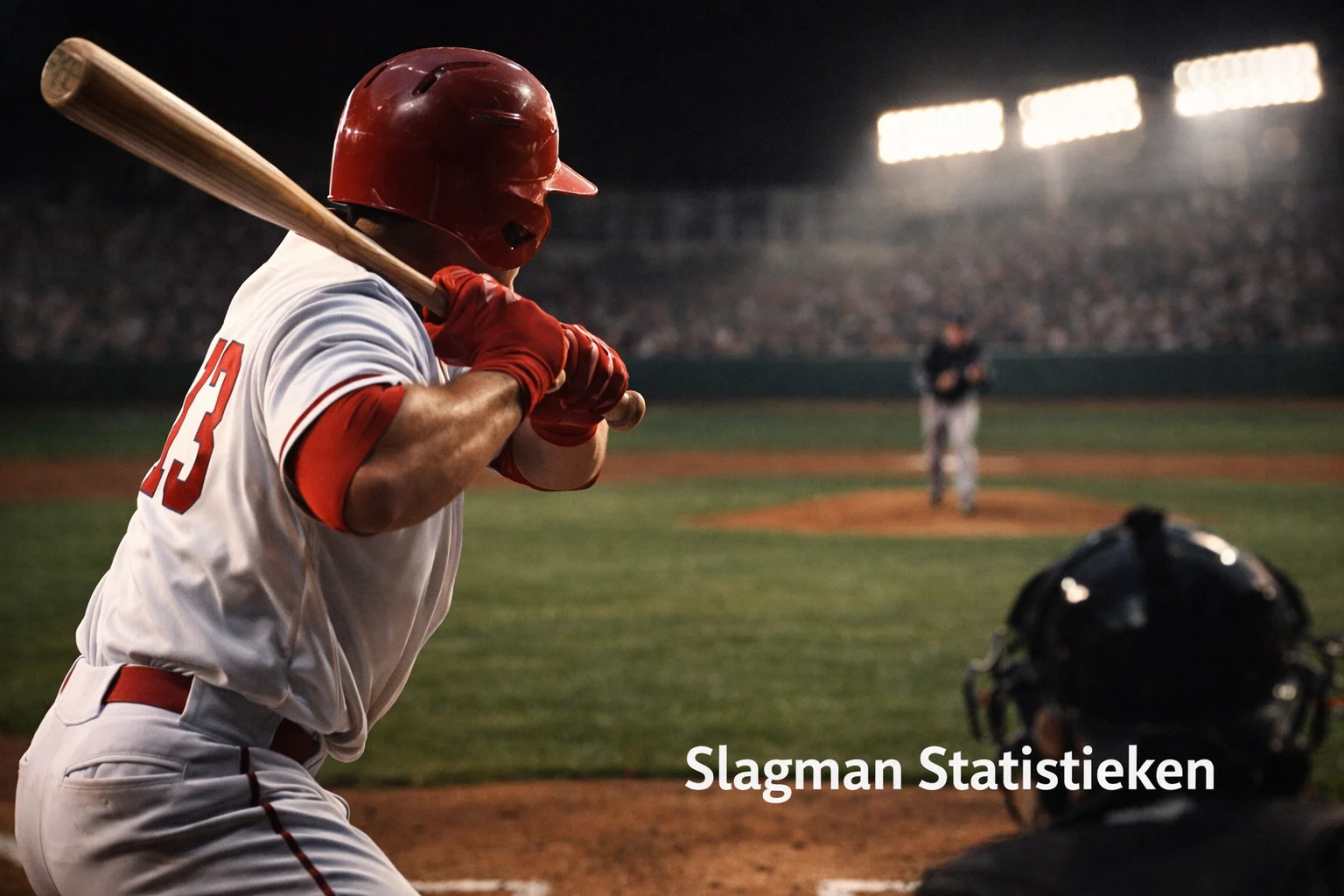 Honkbalslagman in slagpositie bij home plate, pitcher op de achtergrond, stadionlichten branden