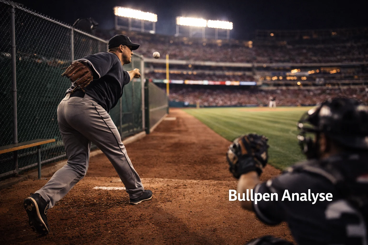 Reliëfpitcher warmt op in de bullpen naast het veld, medespelers kijken toe, avondlicht over het stadion