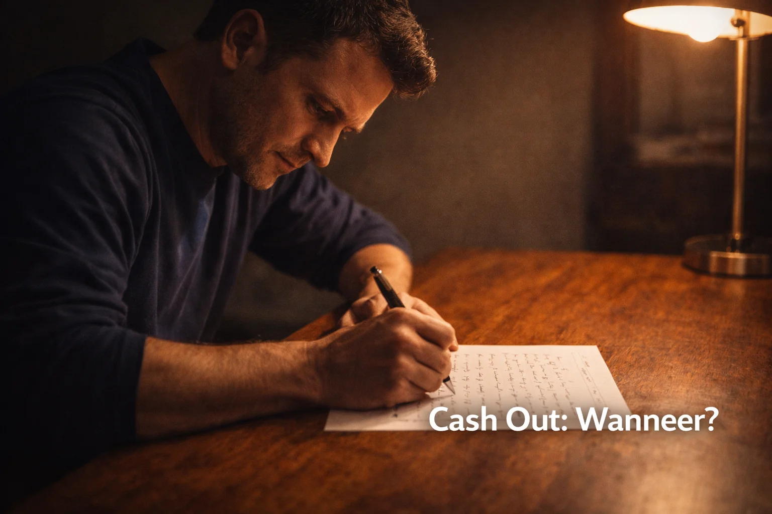 Wedder denkt na aan een bureau met wedformulier en pen in hand, beslissingsmoment zichtbaar in houding