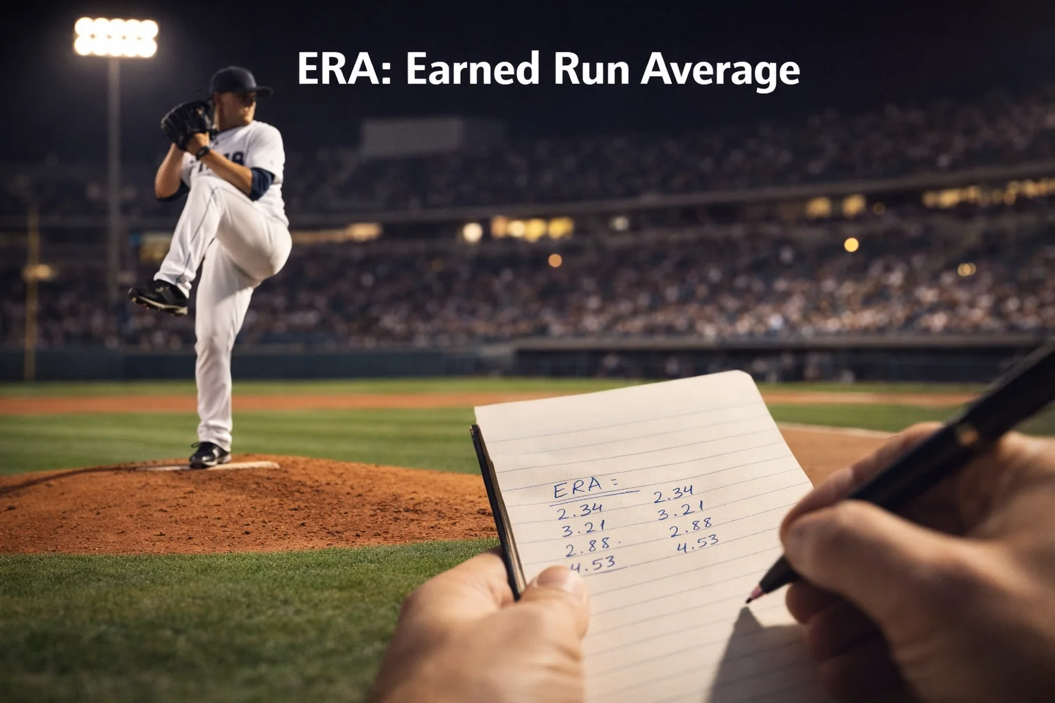 Honkbalpitcher gooit de bal, statistieken zichtbaar op notitieboekje op de voorgrond, stadion op de achtergrond