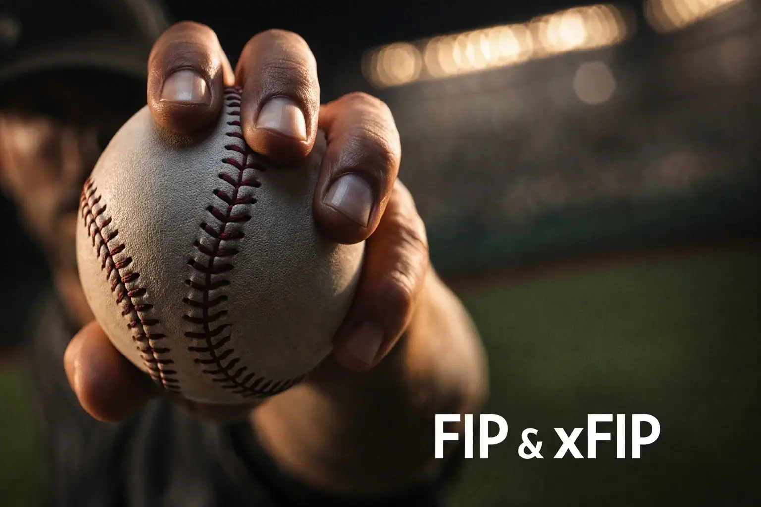 Pitcher in close-up windUp met focus op arm en bal, velders zichtbaar op de achtergrond, dramatisch licht