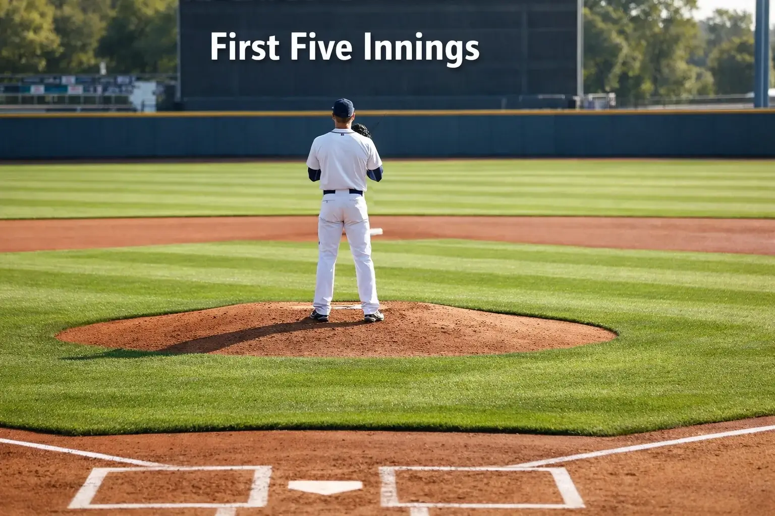 Startende pitcher in windUp positie op het honkbalveld, dramatisch daglicht over het gras