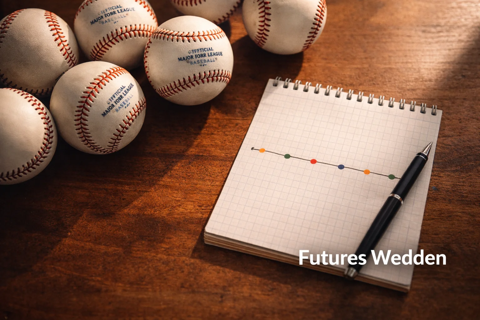 Overzicht van een volledig MLB-seizoen: tijdlijn met wedstrijdballen op een houten tafel, notitieblok met seizoensplanning