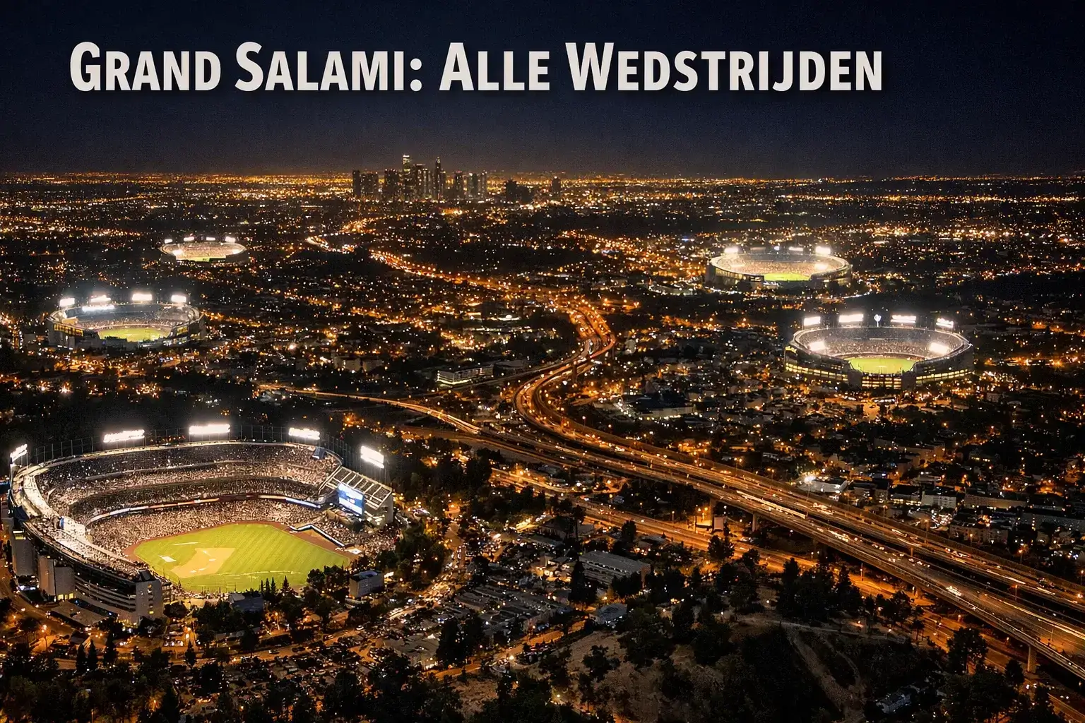 Overzicht van meerdere honkbalvelden op een drukke speeldag, stadions verlicht in de avond vanuit de lucht
