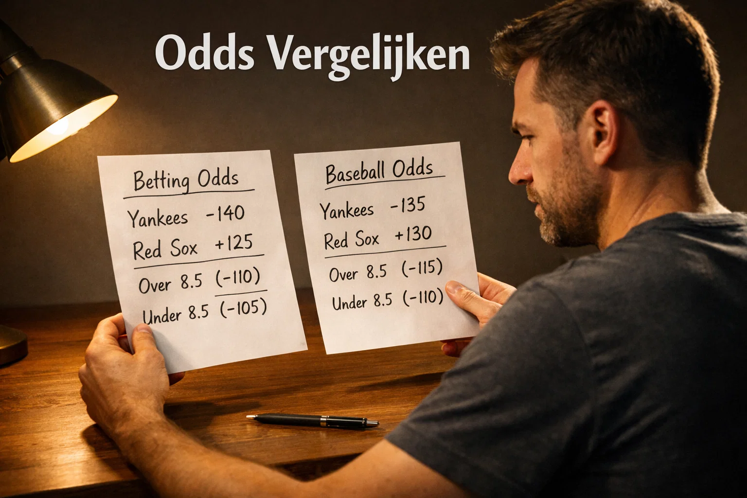 Man vergelijkt handgeschreven odds-notities naast elkaar op een bureau, analytische blik, pen in hand