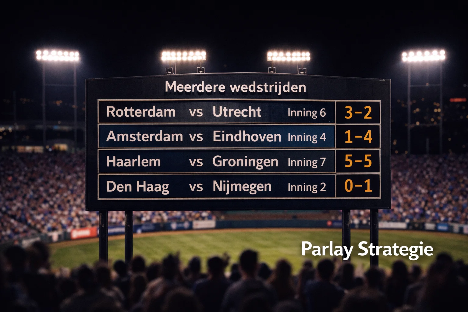 Meerdere honkbalwedstrijden tegelijk zichtbaar op scoreborden in een stadion, meervoudige actie op één avond