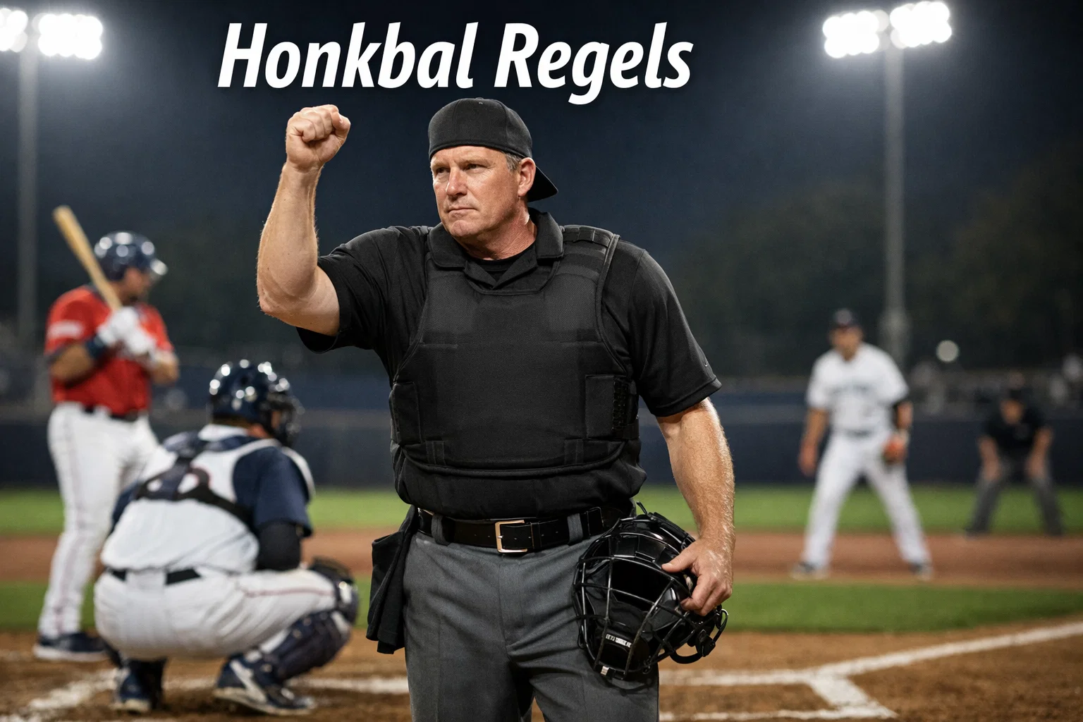 Scheidsrechter in zwart uniform geeft een officieel signaal op het honkbalveld, spelers op de achtergrond