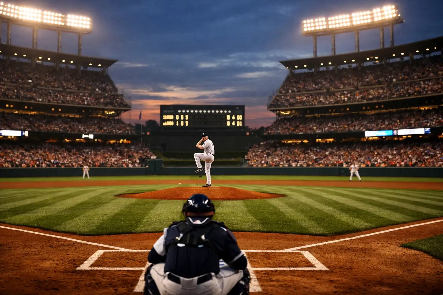 MLB honkbalstadion met verlichte schijnwerpers tijdens avondwedstrijd