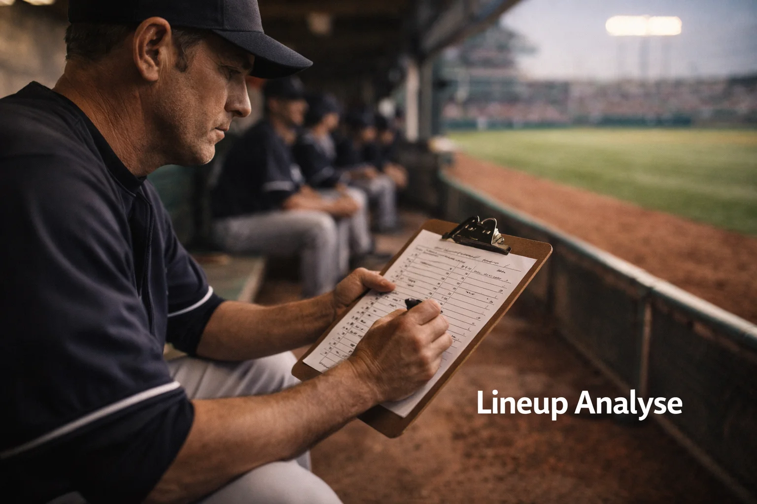 Honkbalcoach bestudeert de lineup op een klembord in de dug-out, spelers op de achtergrond