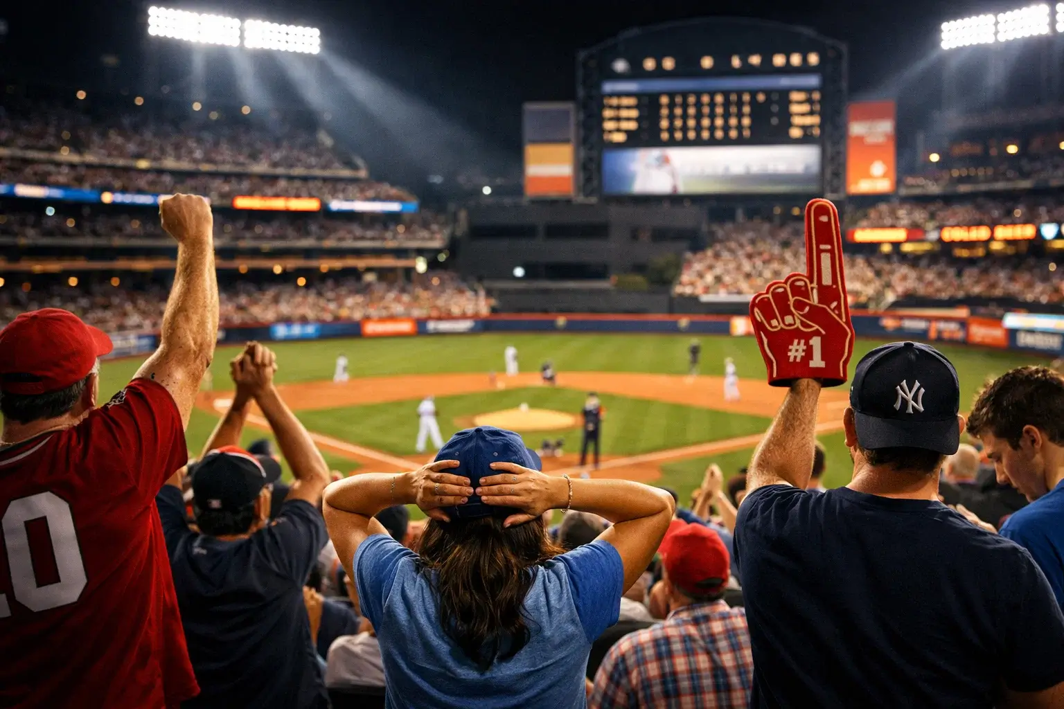 Honkbalwedstrijd in actie met scorebord en fans tijdens live betting moment