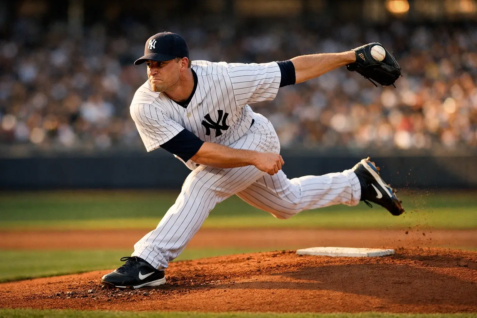 Honkbalpitcher op de heuvel tijdens werpbeweging in MLB wedstrijd