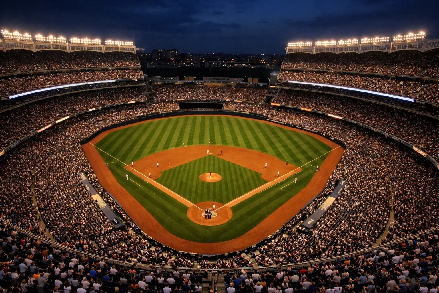 MLB-stadion met volledig verlicht speelveld en tribunes vol toeschouwers tijdens een avondwedstrijd