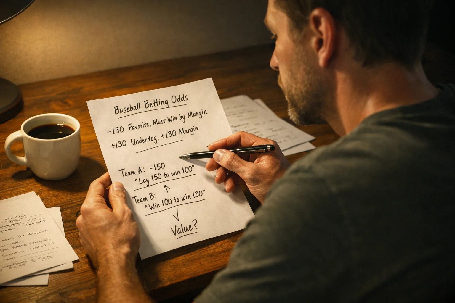 Honkbalwedder analyseert moneyline odds op papier met notities over favorieten en underdogs