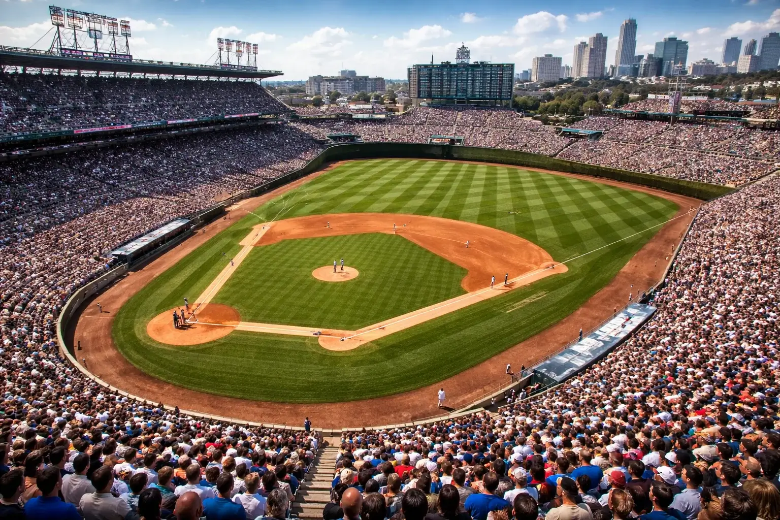 Honkbalwedstrijd in vol stadion, scorebord met runs zichtbaar, sfeervolle stadionatmosfeer