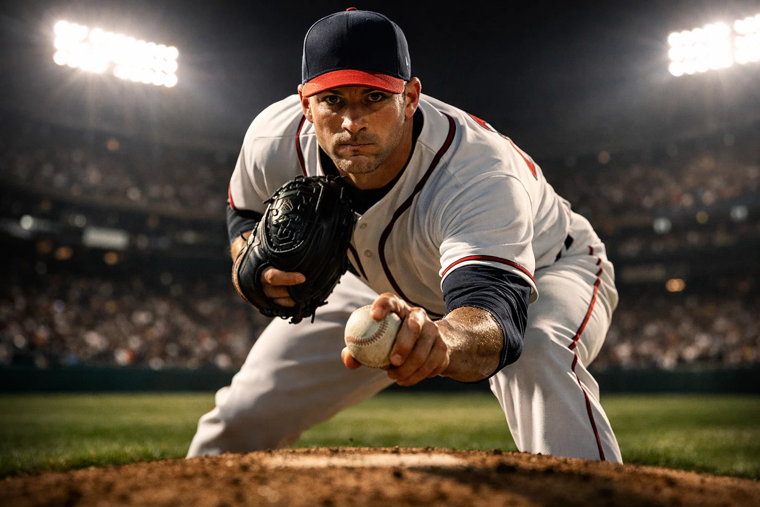 Honkbal pitcher op de heuvel in concentratie voor zijn worp