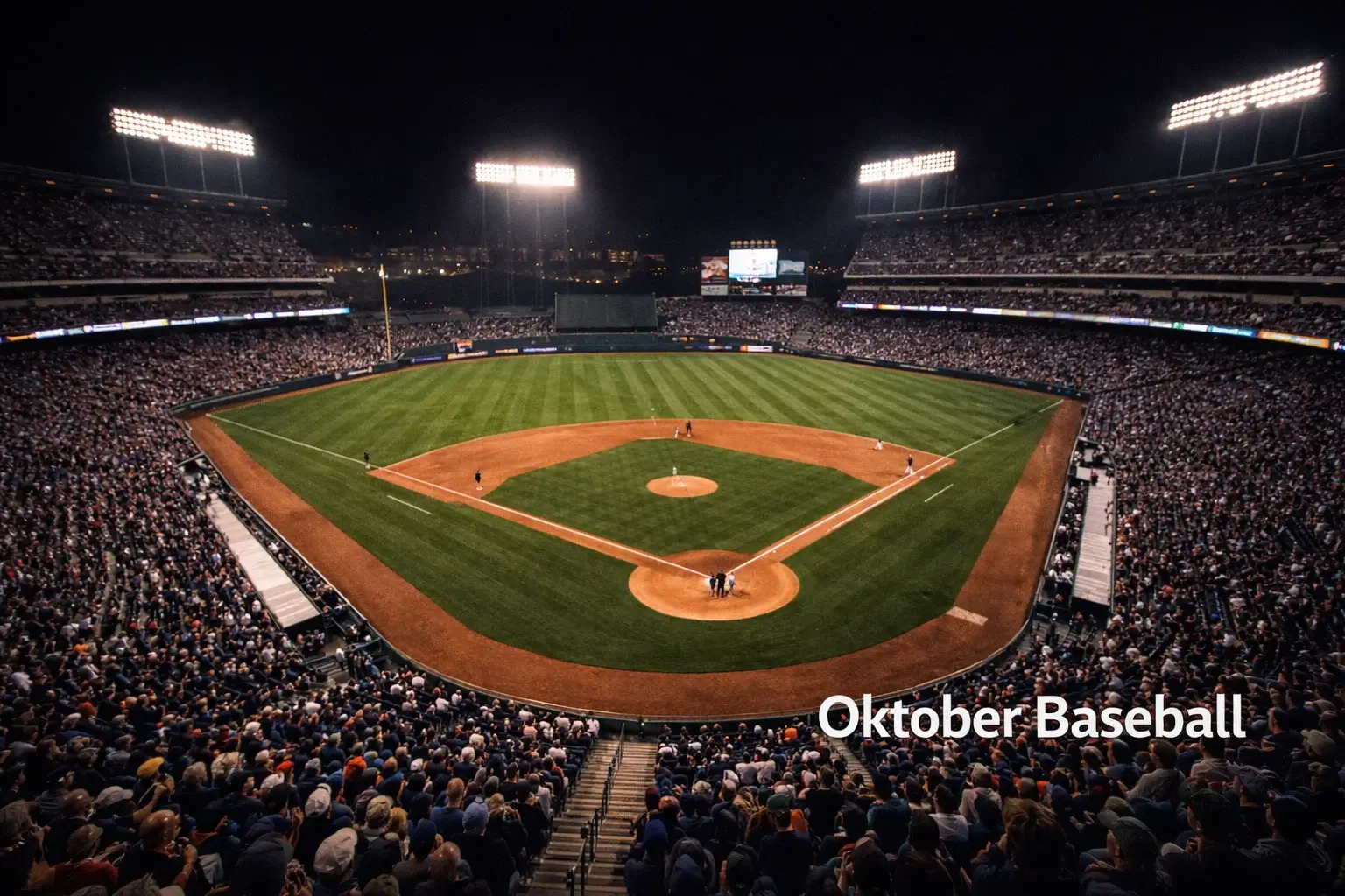 Uitverkocht MLB-stadion tijdens een play-offwedstrijd in oktober, avondlicht en volle tribunes