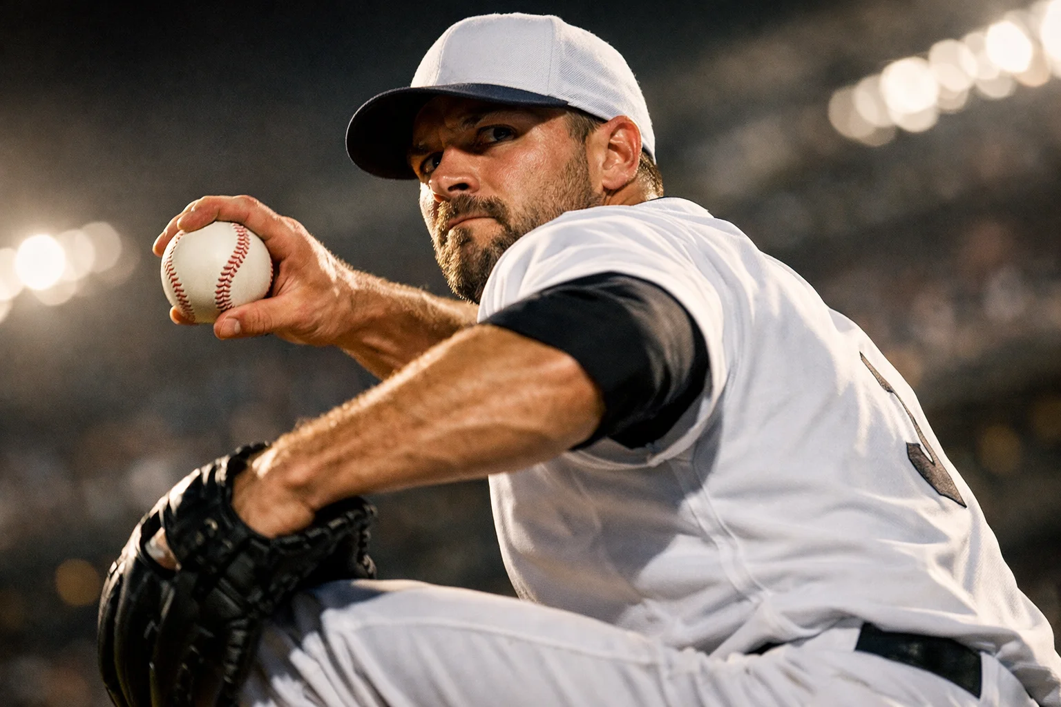 MLB-pitcher in actie op de werpersheuvel, close-up met honkbalbal in hand tijdens een wedstrijd