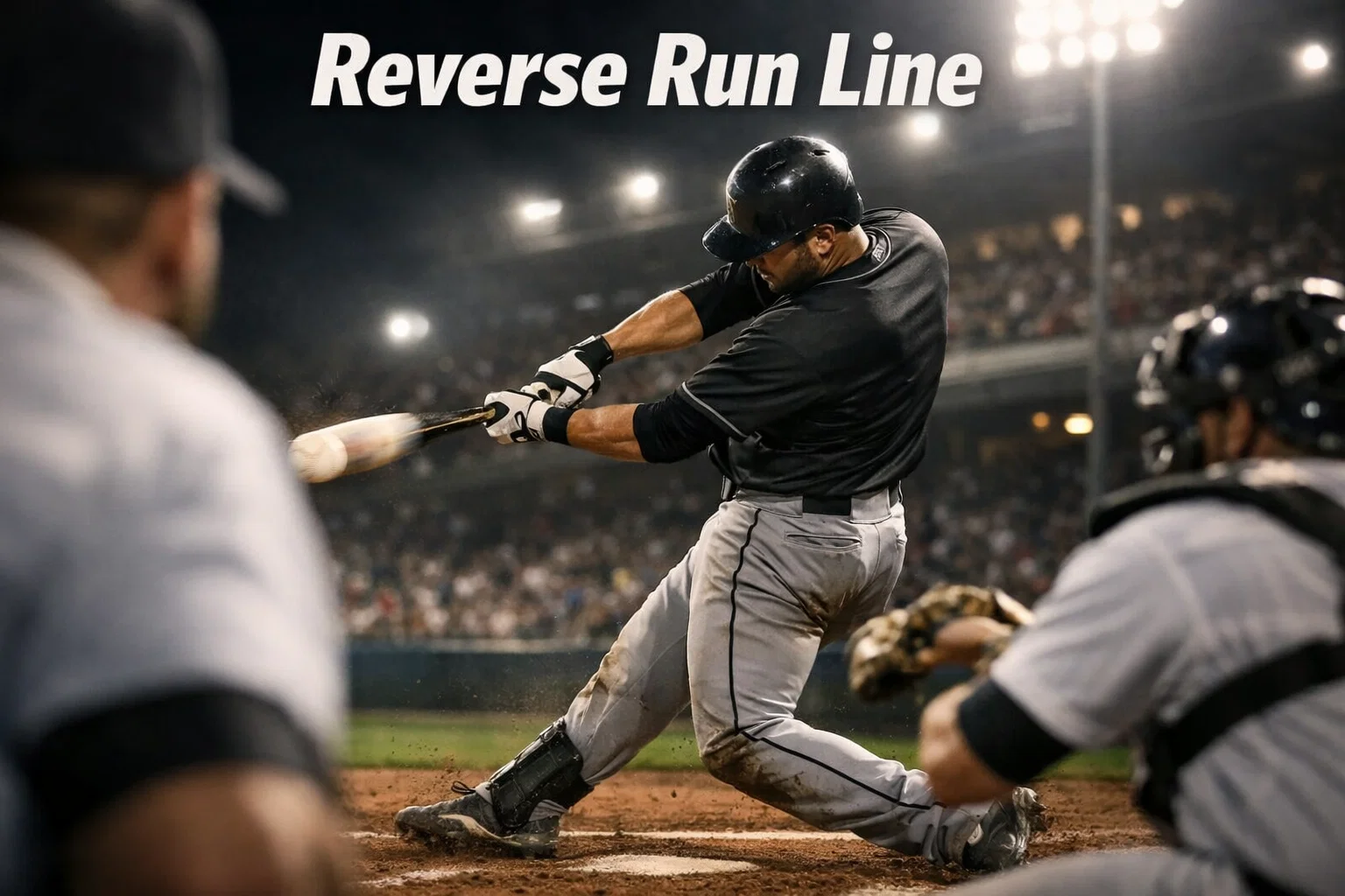 Verrassend sterk underdog-team in volle aanval, slagman raakt de bal hard met stadion op de achtergrond