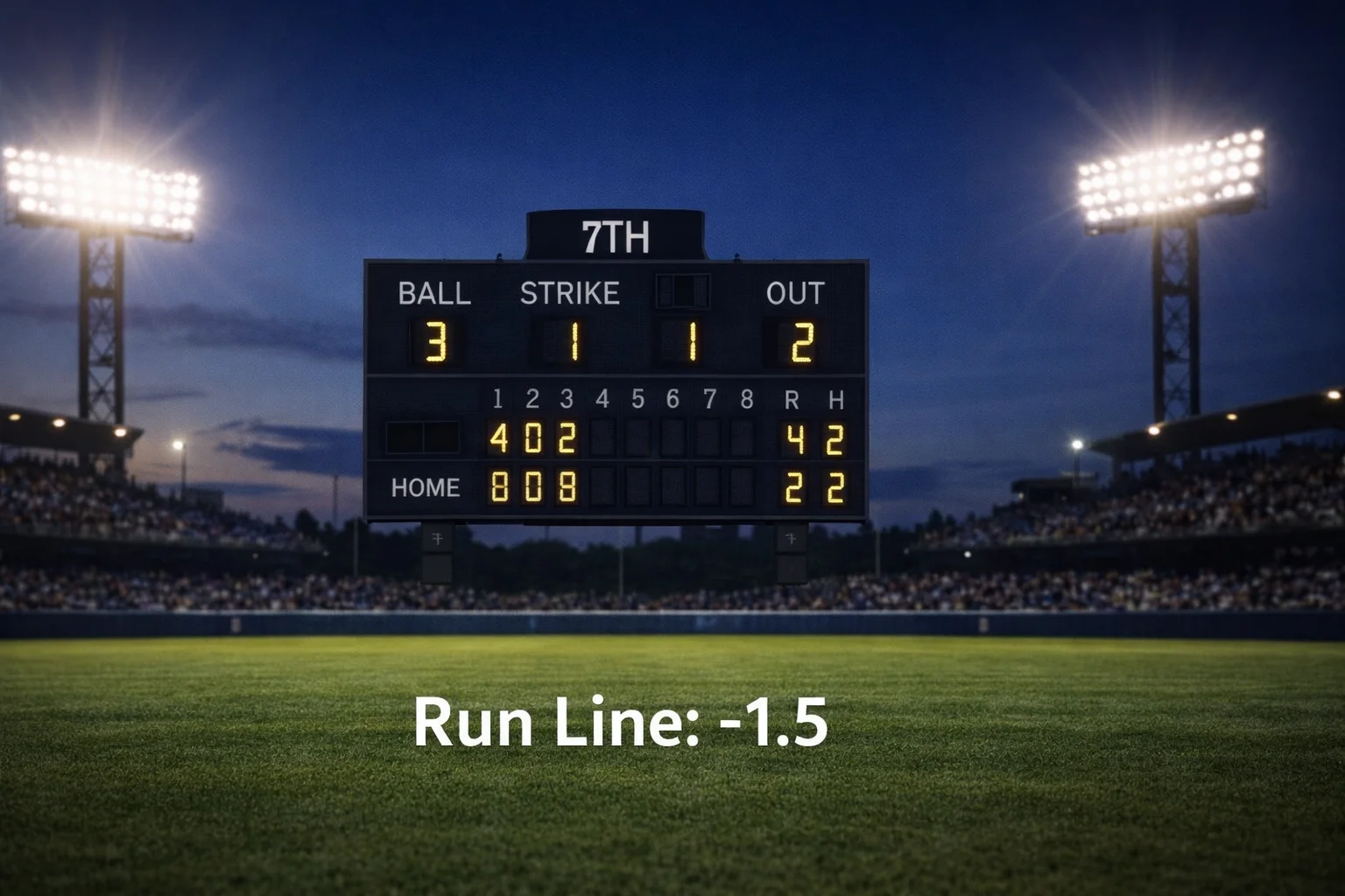 Honkbalwedder vergelijkt run line -1.5 en +1.5 notities op scorebord in honkbalstadion