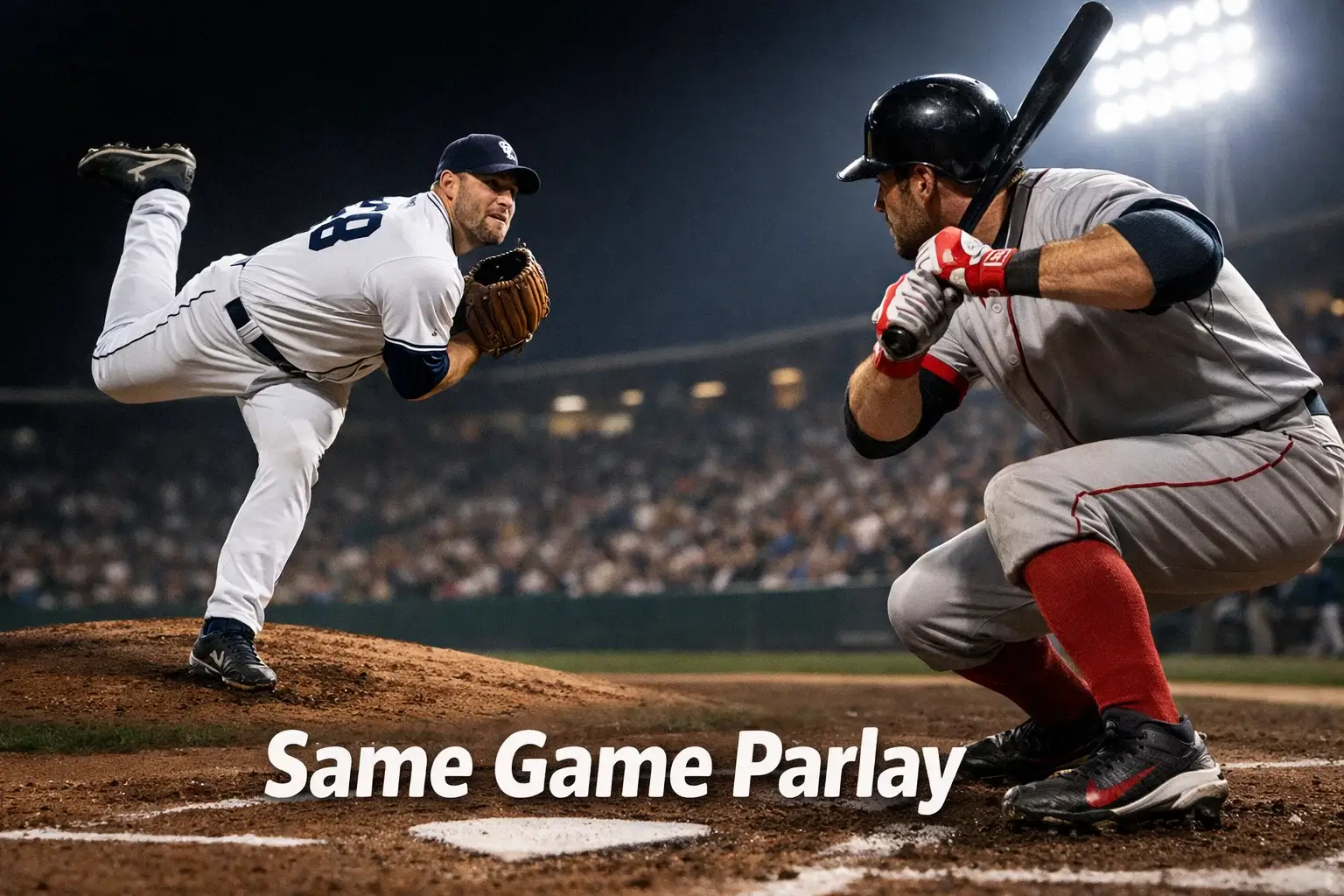 Pitcher en slagman in een spannend duel tijdens een honkbalwedstrijd, beide spelers in één beeld gevat