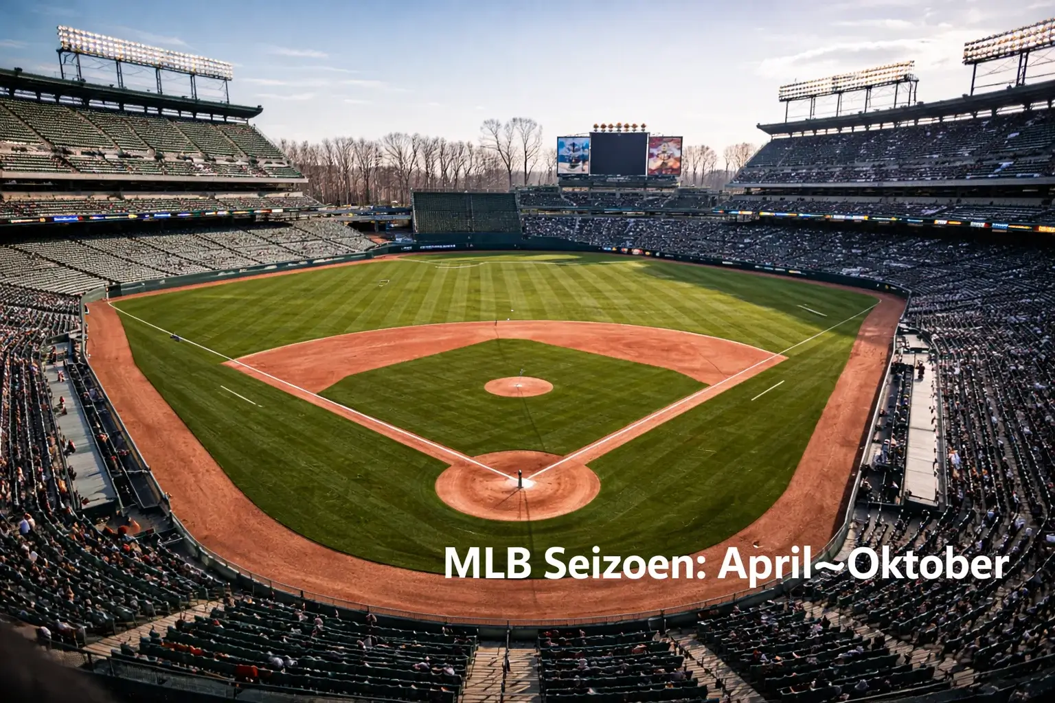 MLB-stadion in de vroege lente met schaars publiek, kaal landschap op de achtergrond, frisse ochtendsfeer