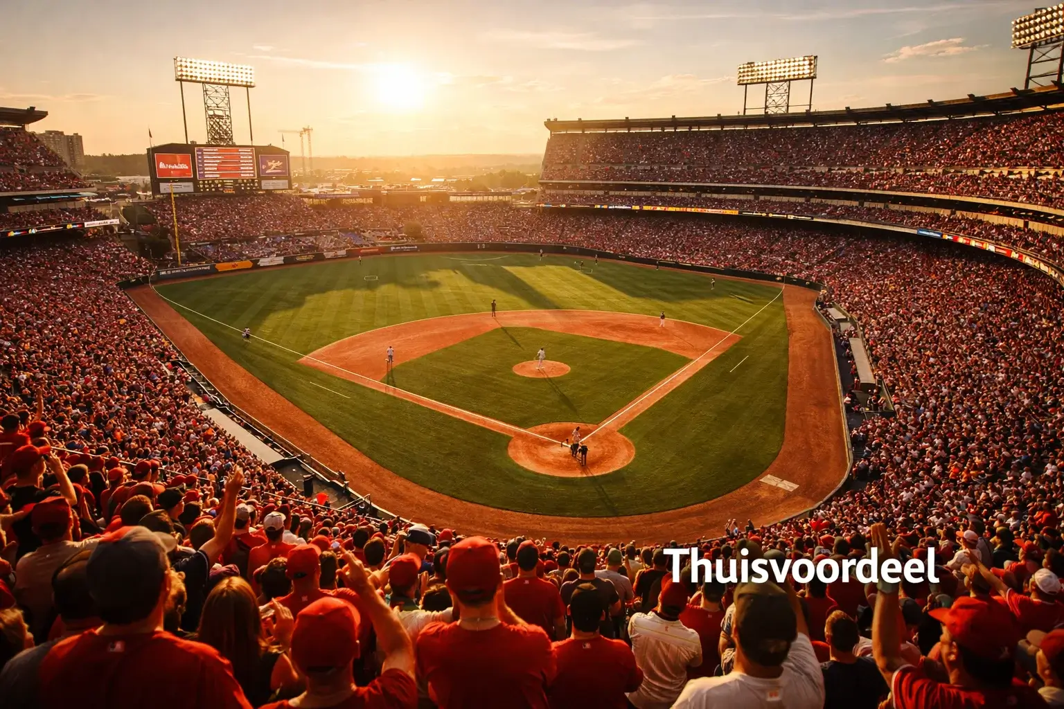 Bomvol honkbalstadion tijdens een thuiswedstrijd, fans juichen in de avondzon, het veld stralend groen
