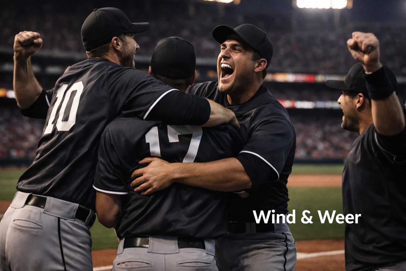 Underdog honkbalteam viert een onverwachte overwinning op het veld, spelers omhelzen elkaar vol enthousiasme