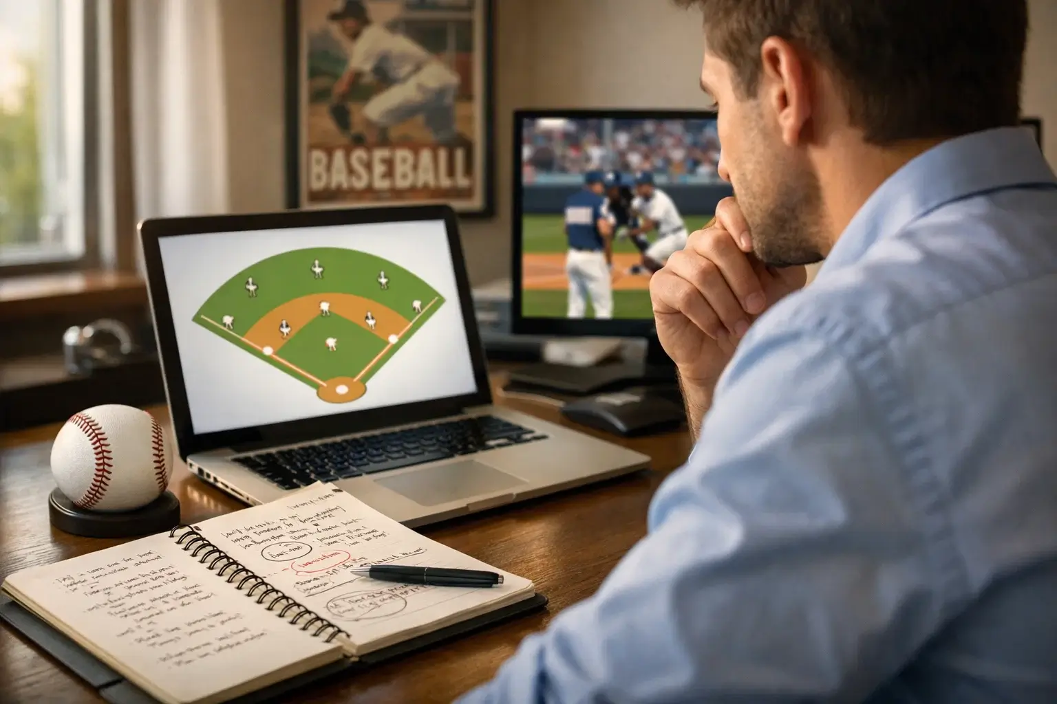 Analyticus bestudeert honkbalstatistieken op laptop voor underdog selectie