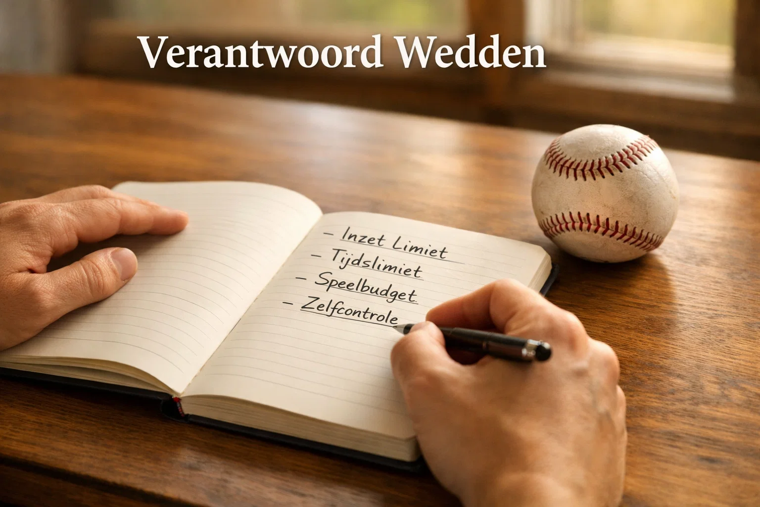 Persoon schrijft bewust limieten in een notitieboekje aan een rustig bureau, geconcentreerde zelfbeheersing