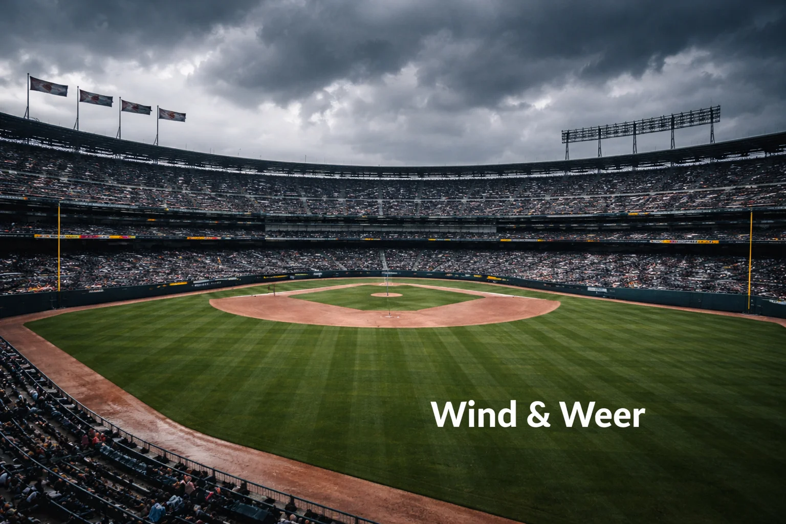 Honkbalveld op een bewolkte dag met zichtbare wind in de vlaggen, lege tribunes op de achtergrond