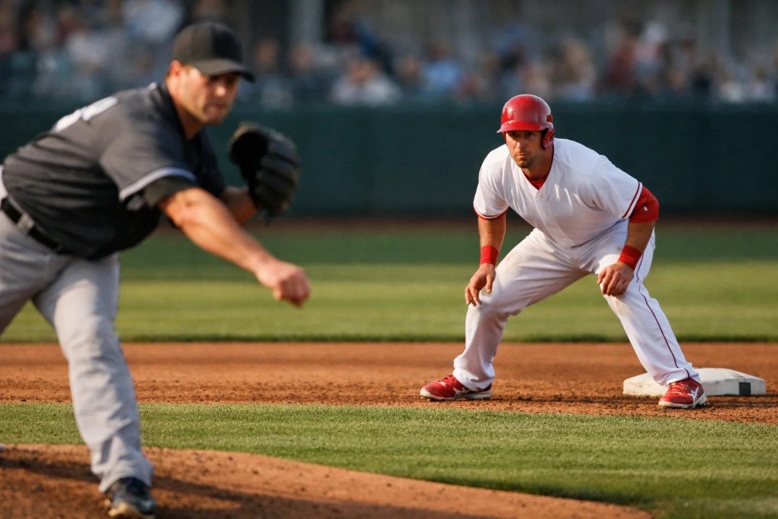 Honkbalpitcher in focus op de heuvel, baserunner zichtbaar op eerste honk, spanning in het veld