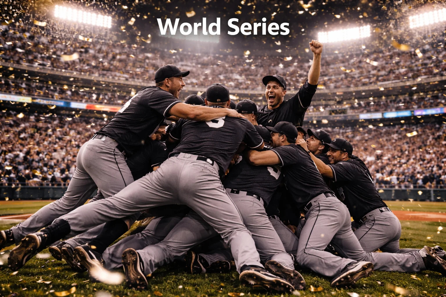 Winnend honkbalteam viert de World Series op het veld, confetti valt neer in een bomvol stadion